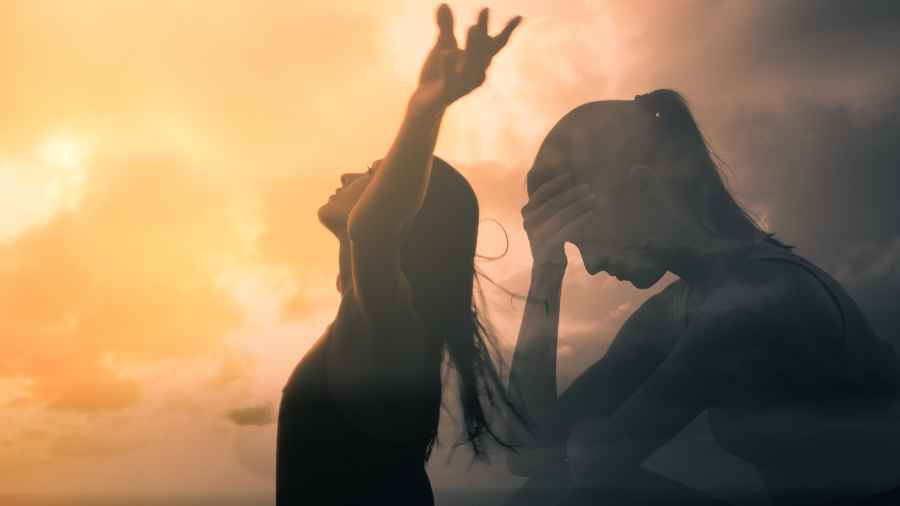 Sad woman becomes happy and free. People letting go of fears, sa