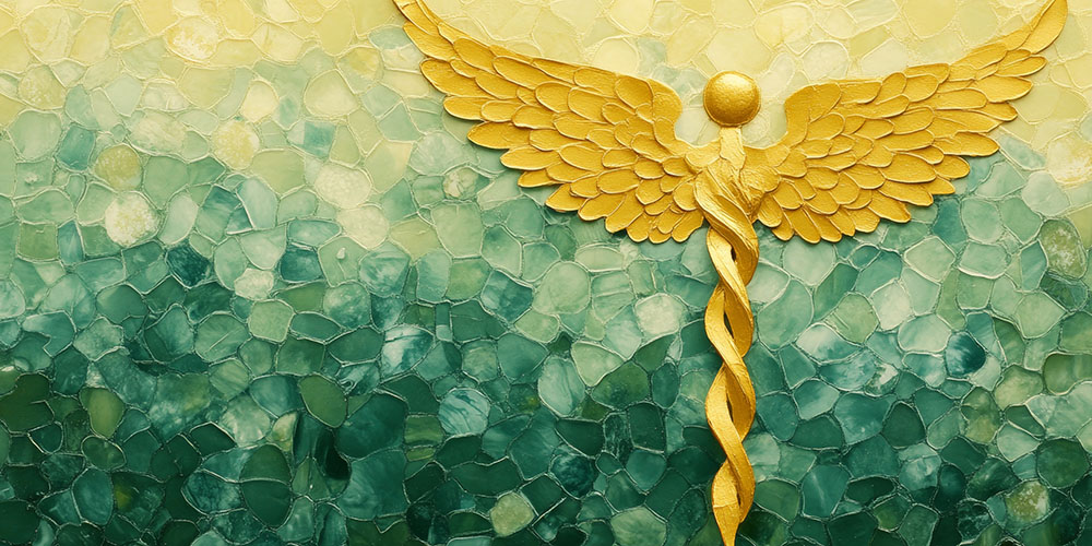 Golden Caduceus with Angel Wings, Healthcare, and Hope Concept on Textured Background