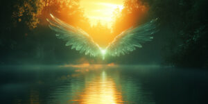 Ethereal angel wings glowing against forest lake at sunset, crea