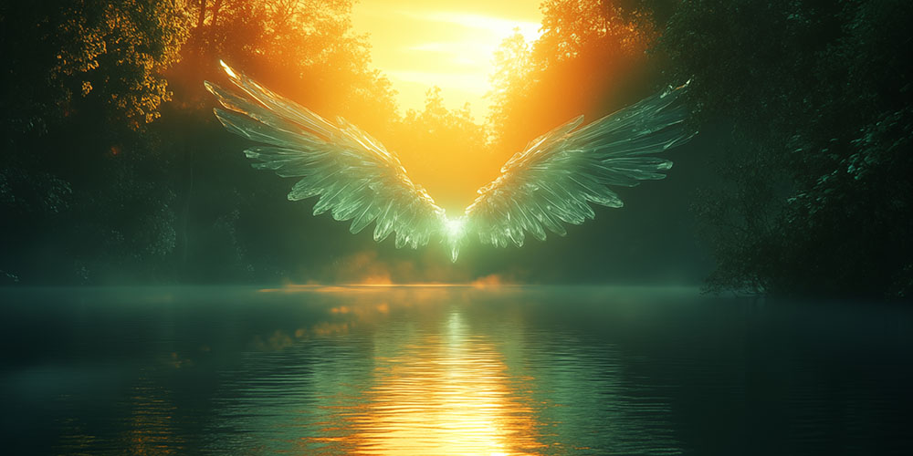 Ethereal angel wings glowing against forest lake at sunset, crea